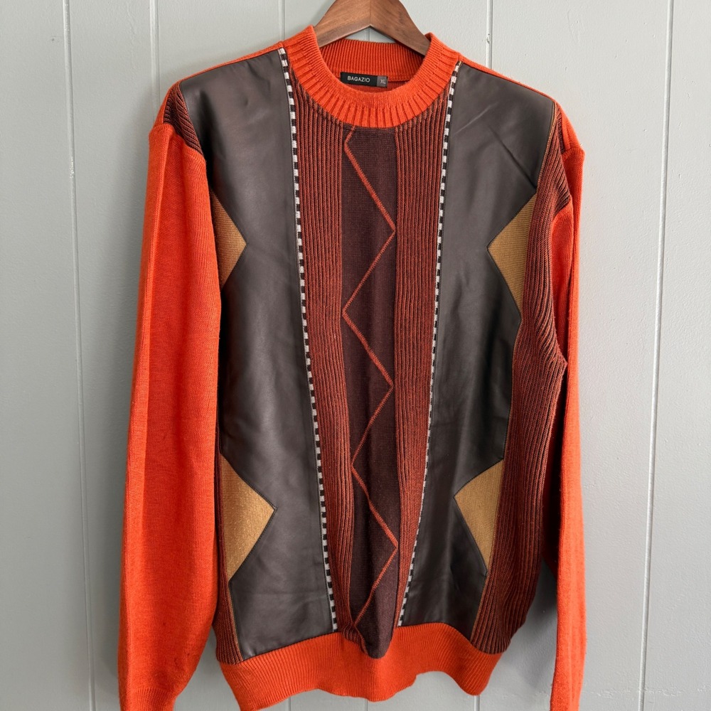 Bagazio Mens XL Cosby Sweater Orange Brown Geometric Faux Leather Trim Vintage